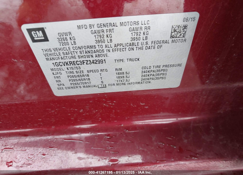 2015 CHEVROLET SILVERADO 1500 VIN: 1GCVKREC3FZ342991