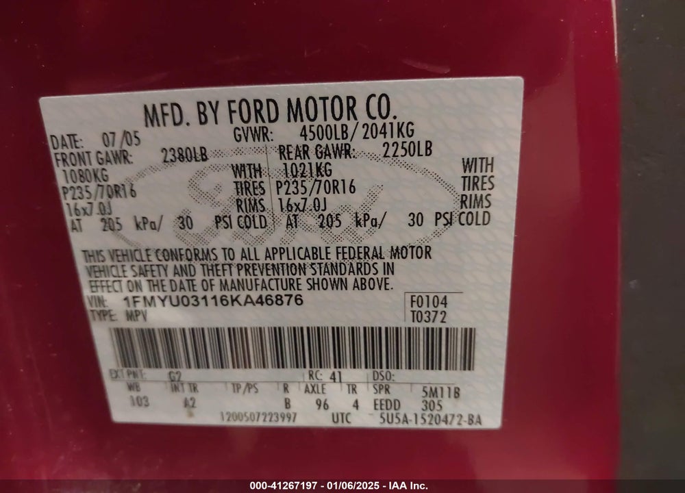 2006 FORD ESCAPE XLT/XLT SPORT VIN: 1FMYU03116KA46876