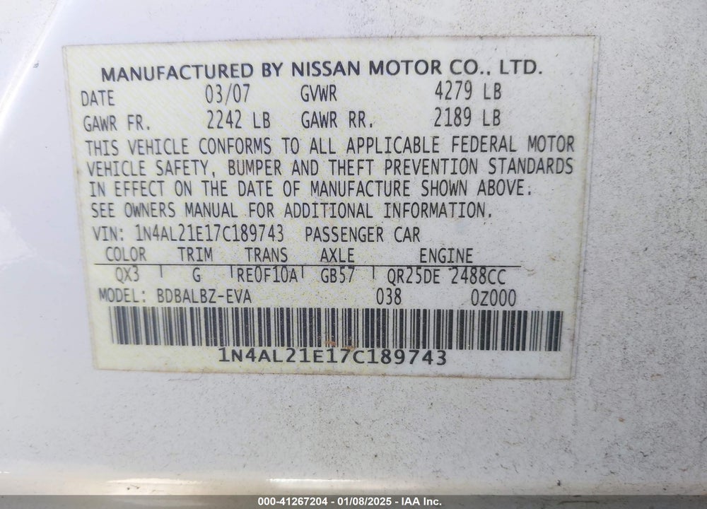 2007 NISSAN ALTIMA VIN: 1N4AL21E17C189743