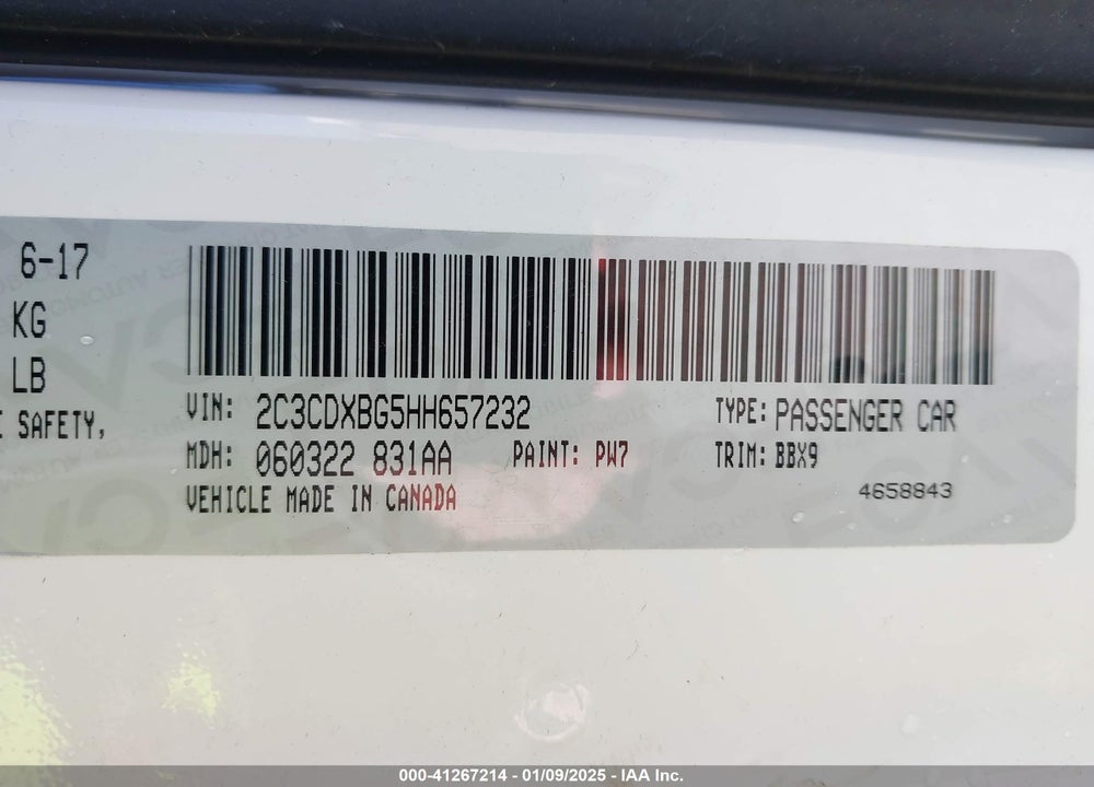 2017 DODGE CHARGER VIN: 2C3CDXBG5HH657232