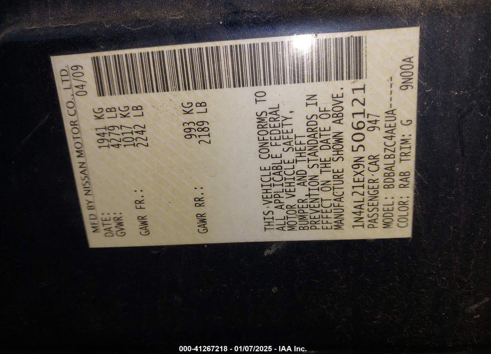 2009 NISSAN ALTIMA VIN: 1N4AL21EX9N506121