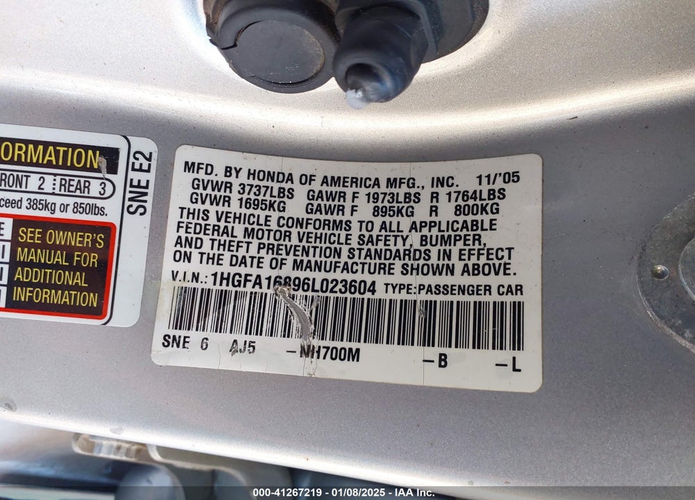 2006 HONDA CIVIC VIN: 1HGFA16896L023604