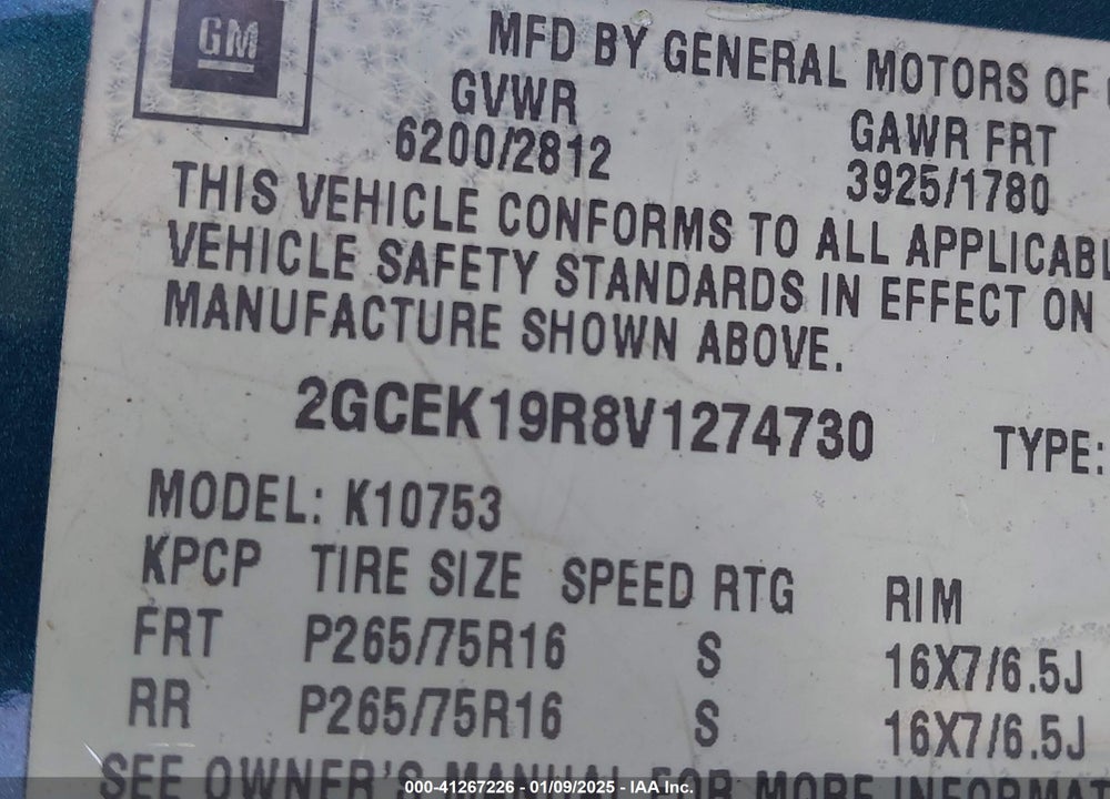 1997 CHEVROLET K1500 FLEETSIDE VIN: 2GCEK19R8V1274730