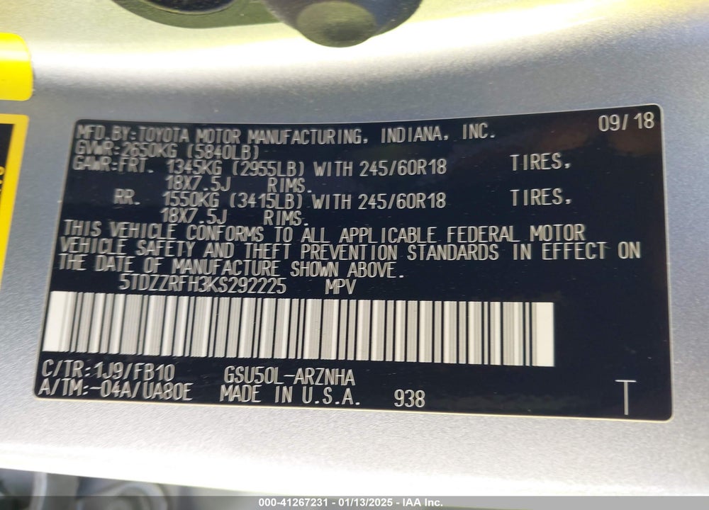 2019 TOYOTA HIGHLANDER LE VIN: 5TDZZRFH3KS292225