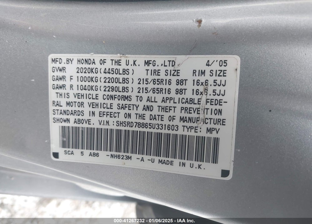 2005 HONDA CR-V EX VIN: SHSRD78865U331603