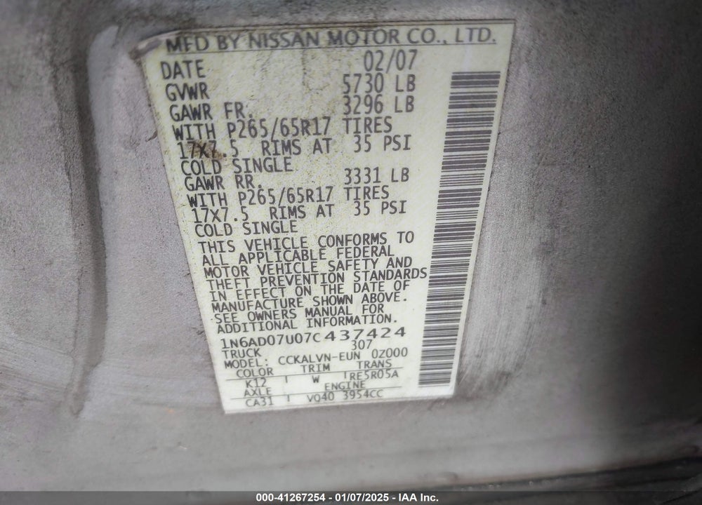 2007 NISSAN FRONTIER VIN: 1N6AD07U07C437424