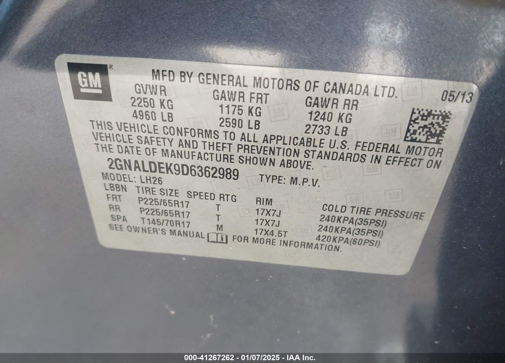 2013 CHEVROLET EQUINOX 1LT VIN: 2GNALDEK9D6362989