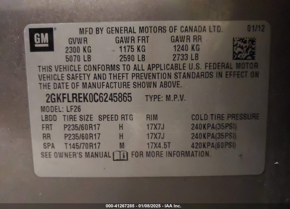 2012 GMC TERRAIN SLE-1 VIN: 2GKFLREK0C6245865