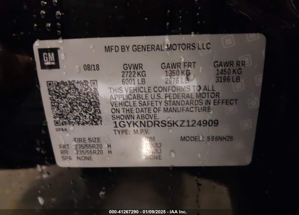 2019 CADILLAC XT5 LUXURY VIN: 1GYKNDRS5KZ124909