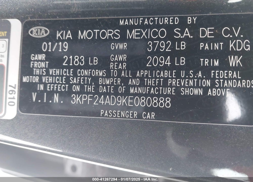 2019 KIA FORTE LXS VIN: 3KPF24AD9KE080888