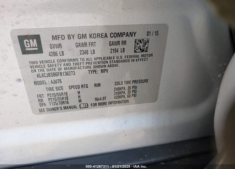 2015 BUICK ENCORE CONVENIENCE VIN: KL4CJBSB6FB136273