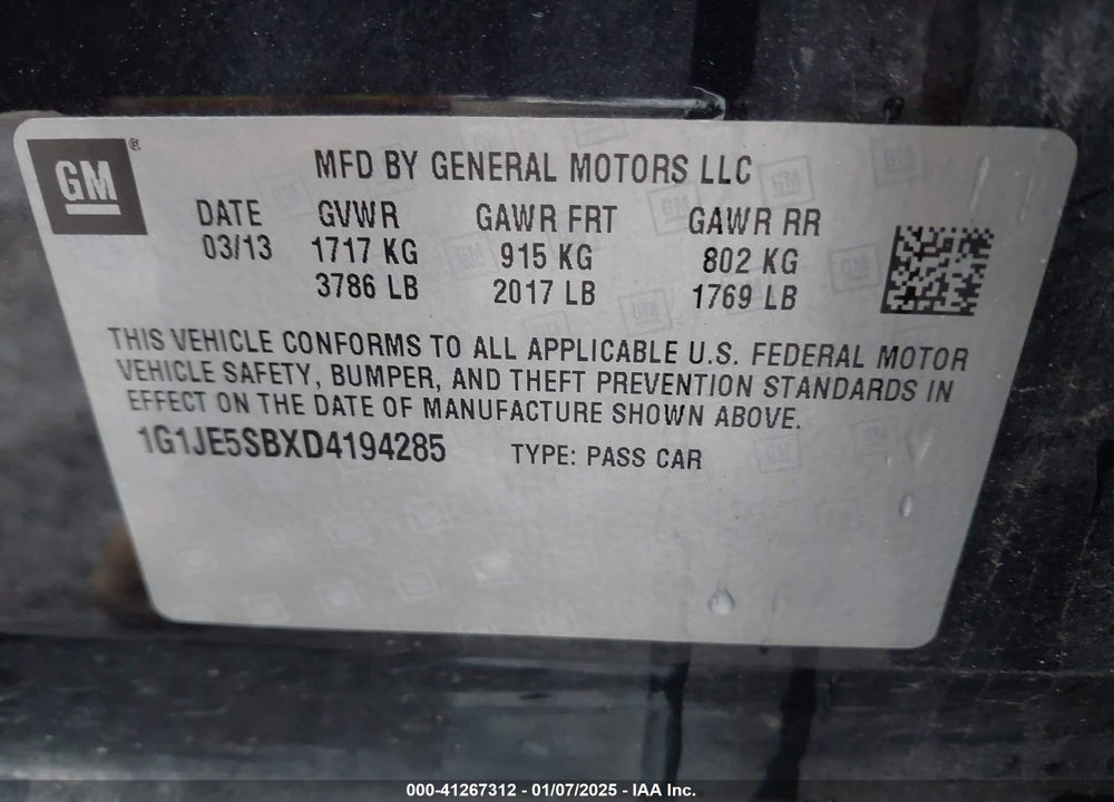 2013 CHEVROLET SONIC LTZ AUTO VIN: 1G1JE5SBXD4194285
