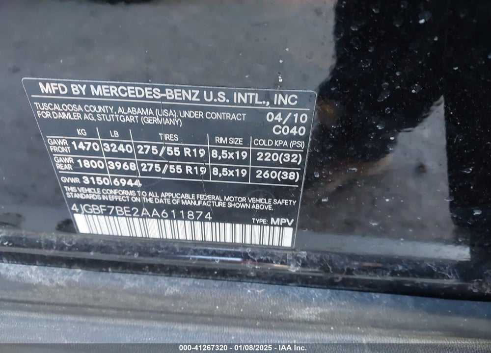 2010 MERCEDES-BENZ GL 450 4MATIC VIN: 4JGBF7BE2AA611874