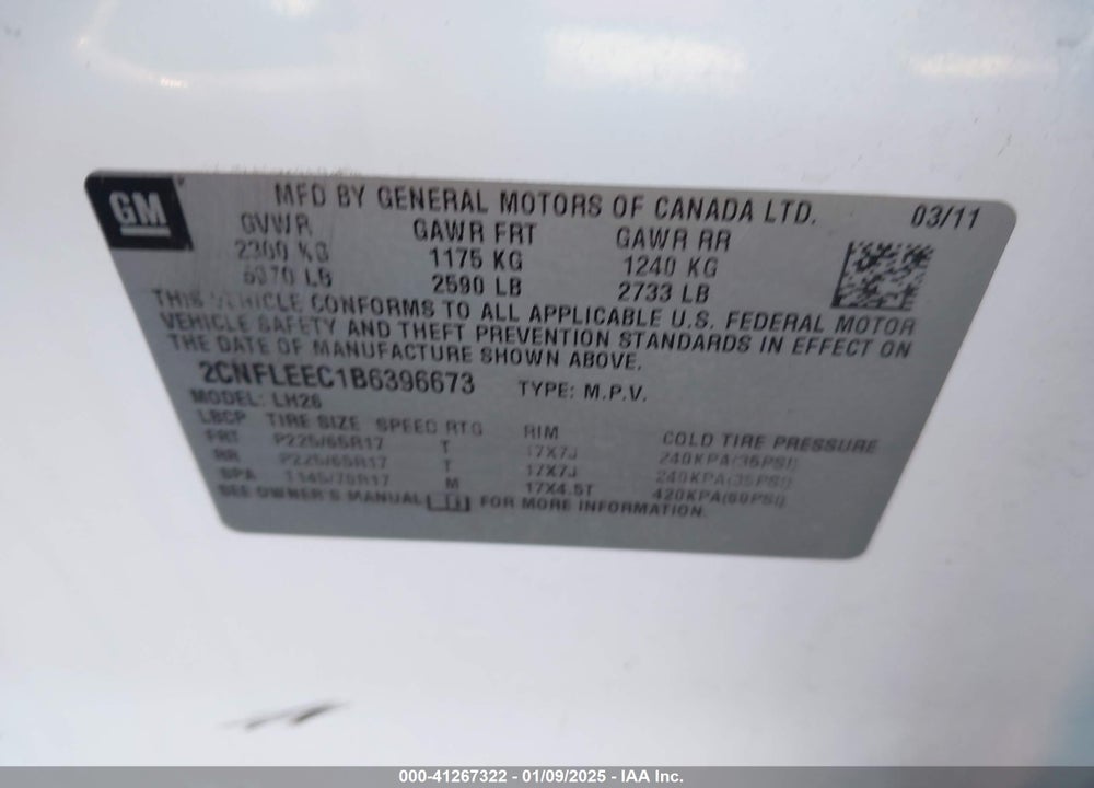 2011 CHEVROLET EQUINOX VIN: 2CNFLEEC1B6396673
