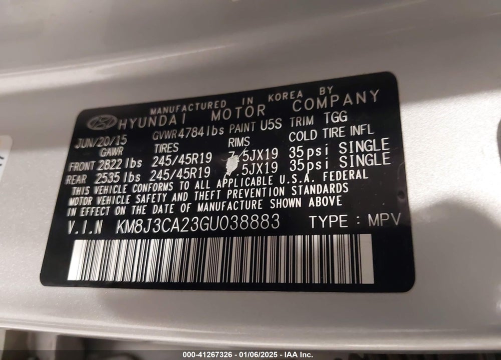 2016 HYUNDAI TUCSON SPORT VIN: KM8J3CA23GU038883