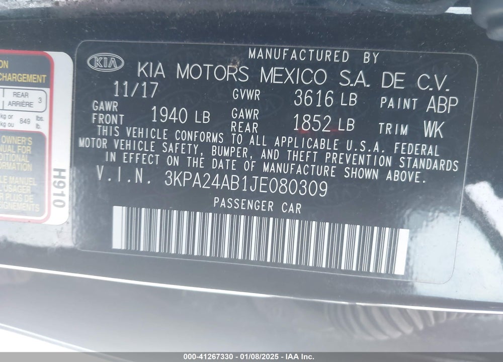 2018 KIA RIO LX VIN: 3KPA24AB1JE080309