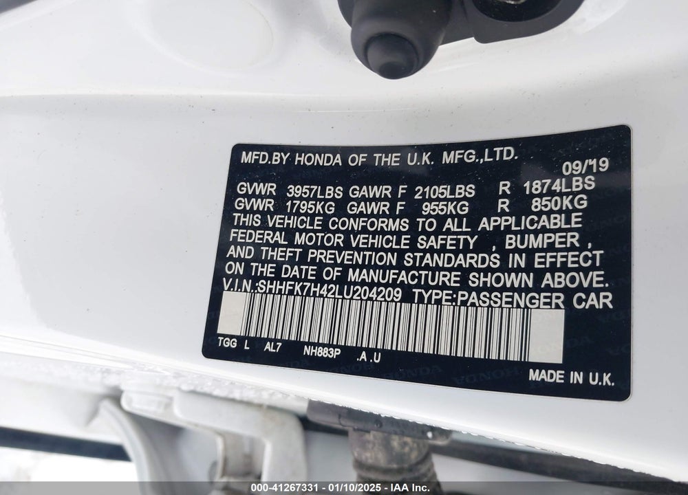 2020 HONDA CIVIC SPORT VIN: SHHFK7H42LU204209