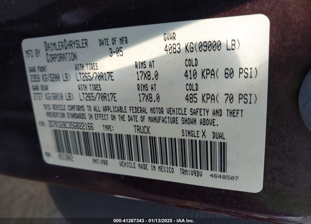 2005 DODGE RAM 2500 SLT/LARAMIE VIN: 3D7KS28C35G822166