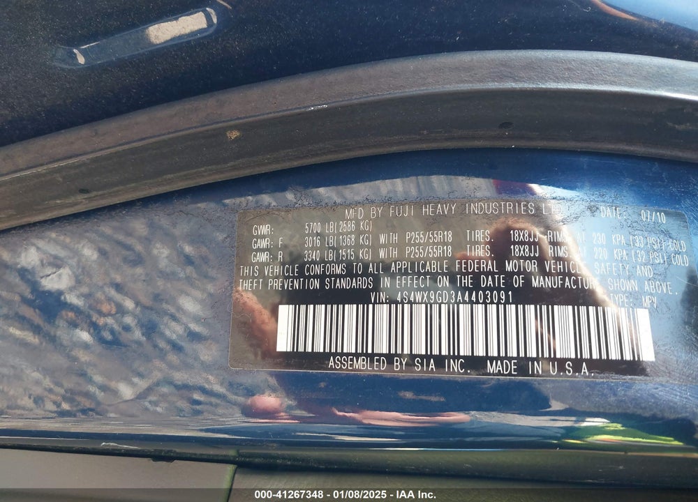 2010 SUBARU TRIBECA VIN: 4S4WX9GD3A4403091