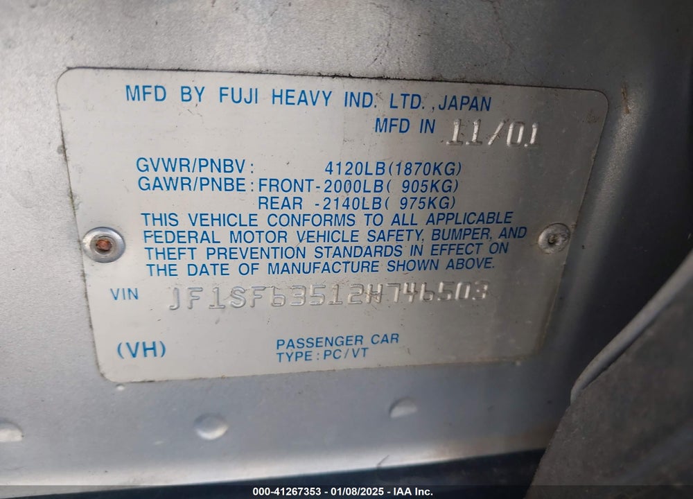 2002 SUBARU FORESTER L VIN: JF1SF63512H746503
