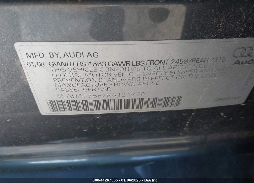 2008 AUDI A4 2.0T/2.0T SPECIAL EDITION VIN: WAUAF78E28A131378