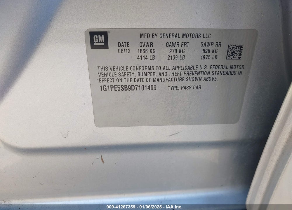 2013 CHEVROLET CRUZE VIN: 1G1PE5SB9D7101409