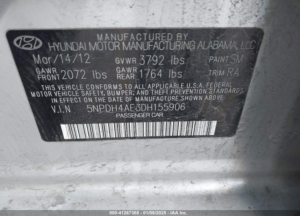 2013 HYUNDAI ELANTRA GLS VIN: 5NPDH4AE3DH155906