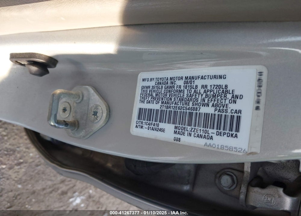 2002 TOYOTA COROLLA LE VIN: 2T1BR12E62C546887