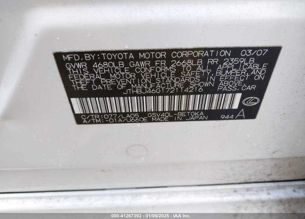 2007 LEXUS ES 350 VIN: JTHBJ46G172114216