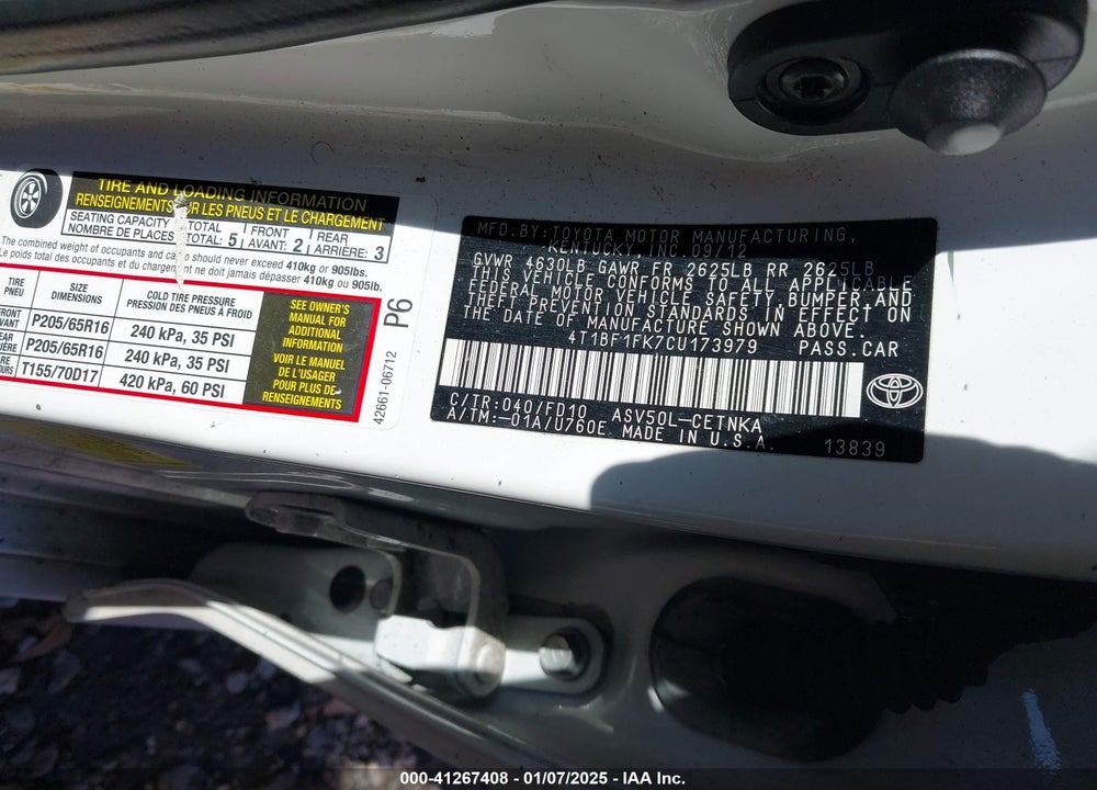 2012 TOYOTA CAMRY LE VIN: 4T1BF1FK7CU173979