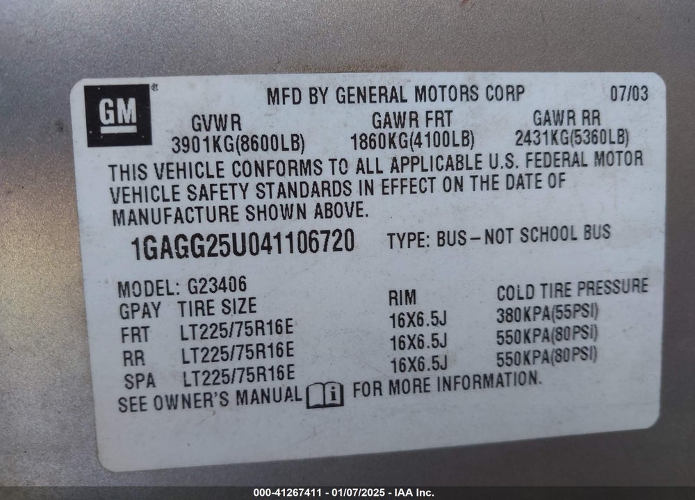 2004 CHEVROLET EXPRESS VIN: 1GAGG25U041106720