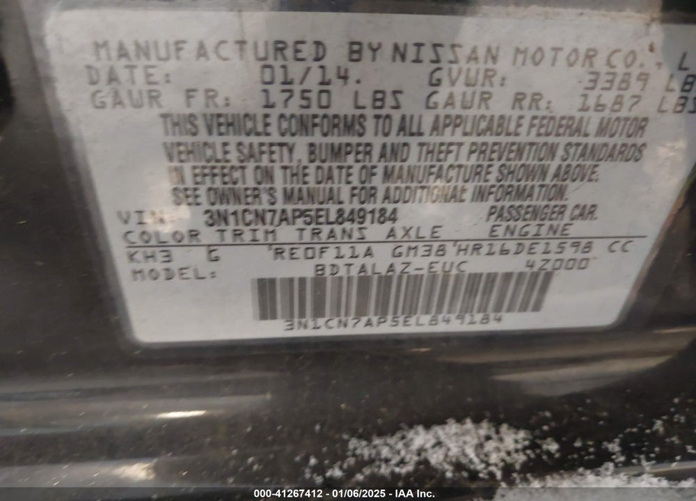 2014 NISSAN VERSA 1.6 S+ VIN: 3N1CN7AP5EL849184