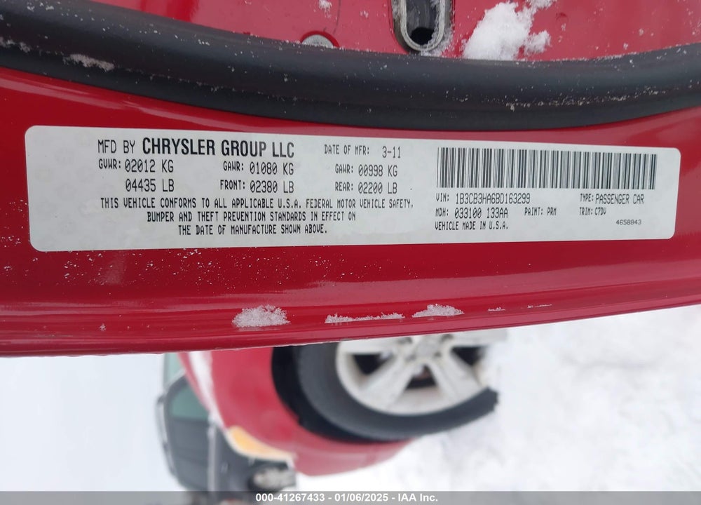 2011 DODGE CALIBER MAINSTREET VIN: 1B3CB3HA6BD163299