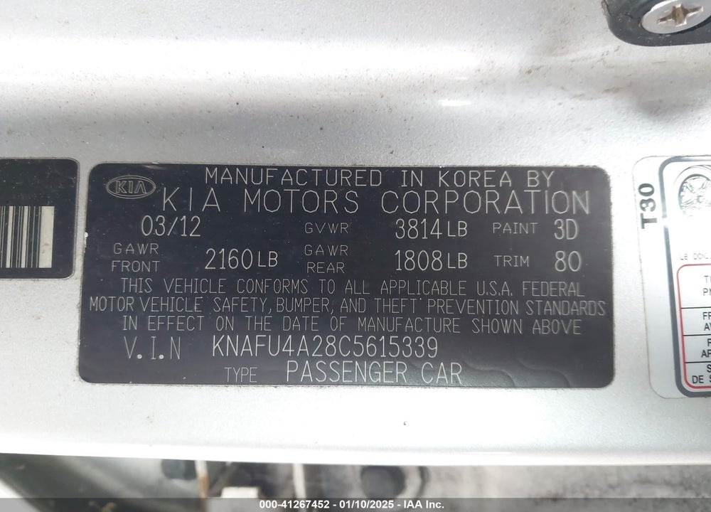 2012 KIA FORTE VIN: KNAFU4A28C5615339