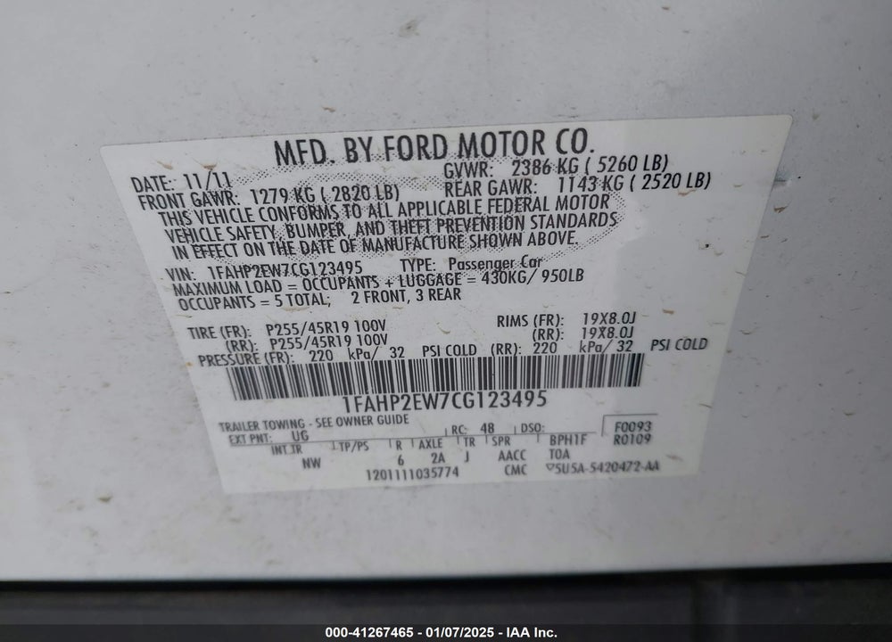 2012 FORD TAURUS SEL VIN: 1FAHP2EW7CG123495