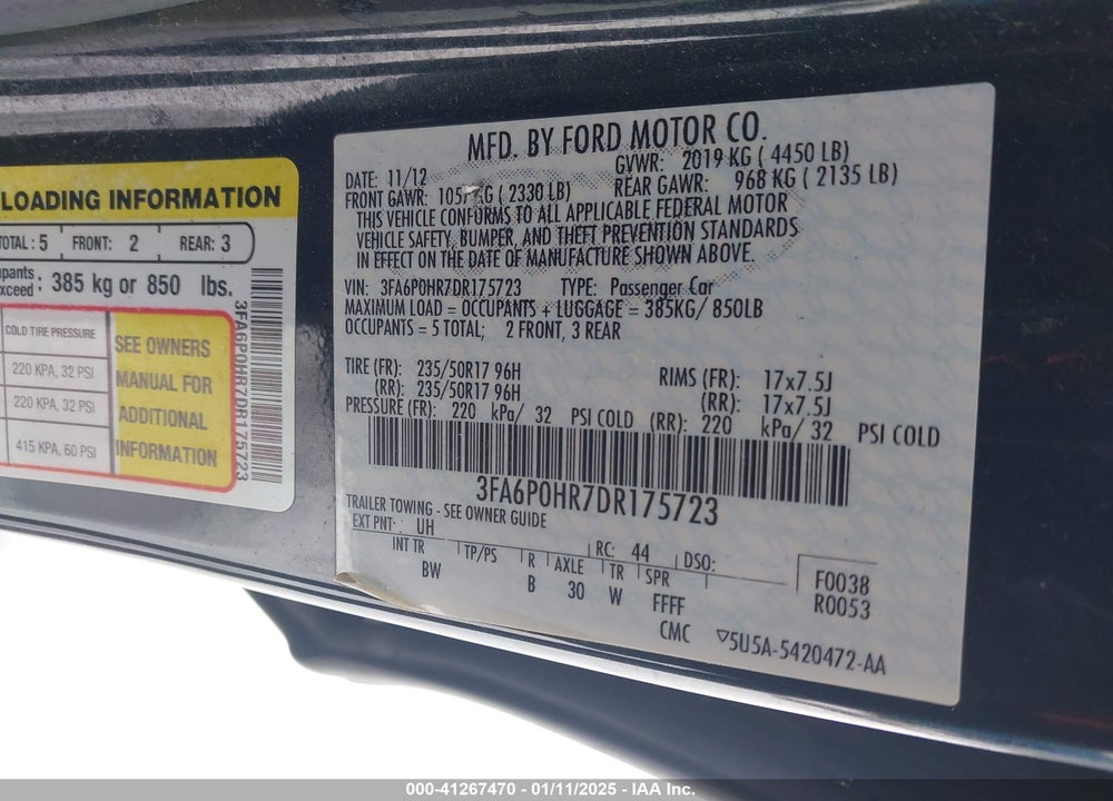 2013 FORD FUSION VIN: 3FA6P0HR7DR175723