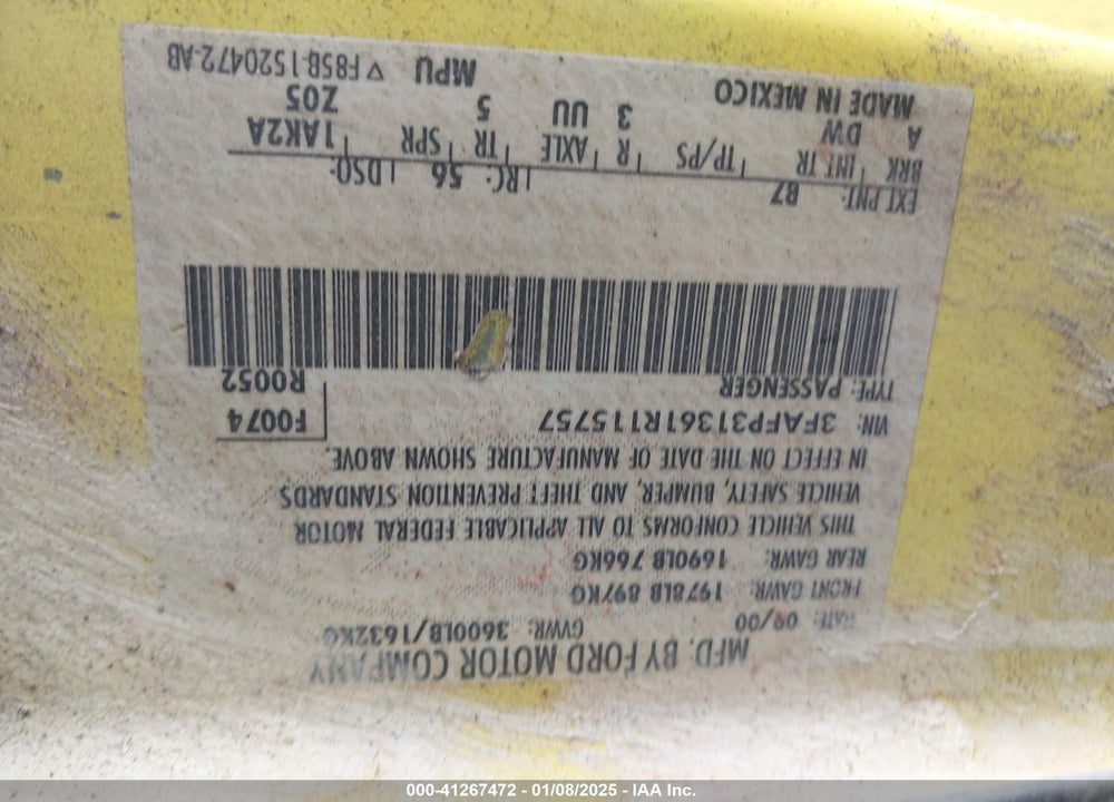 2001 FORD FOCUS ZX3 VIN: 3FAFP31361R115757