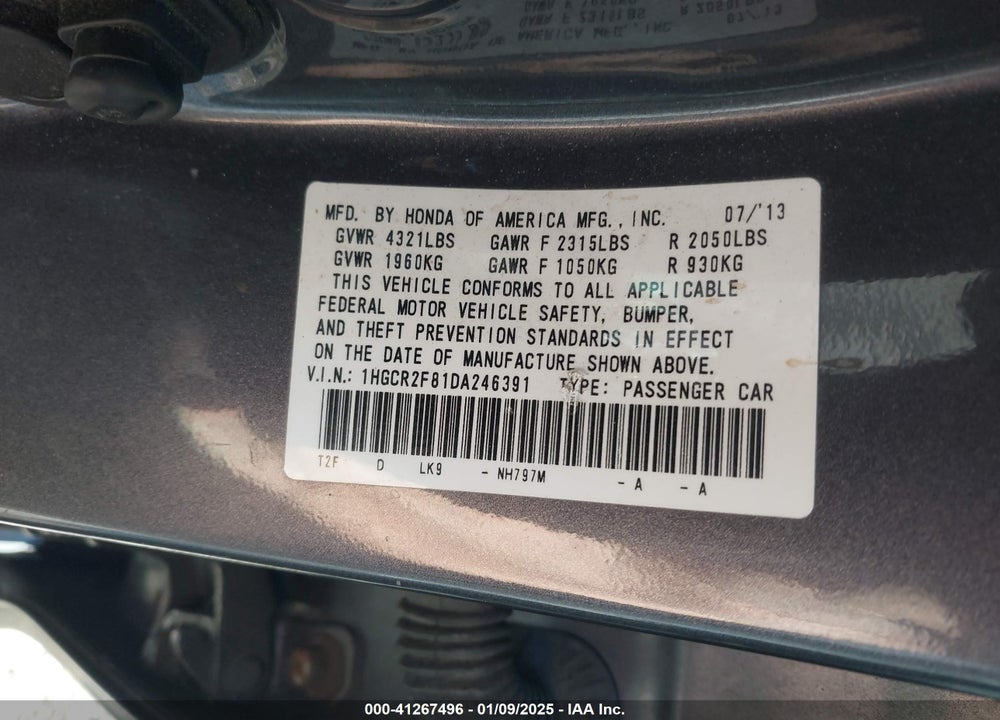 2013 HONDA ACCORD EX-L VIN: 1HGCR2F81DA246391