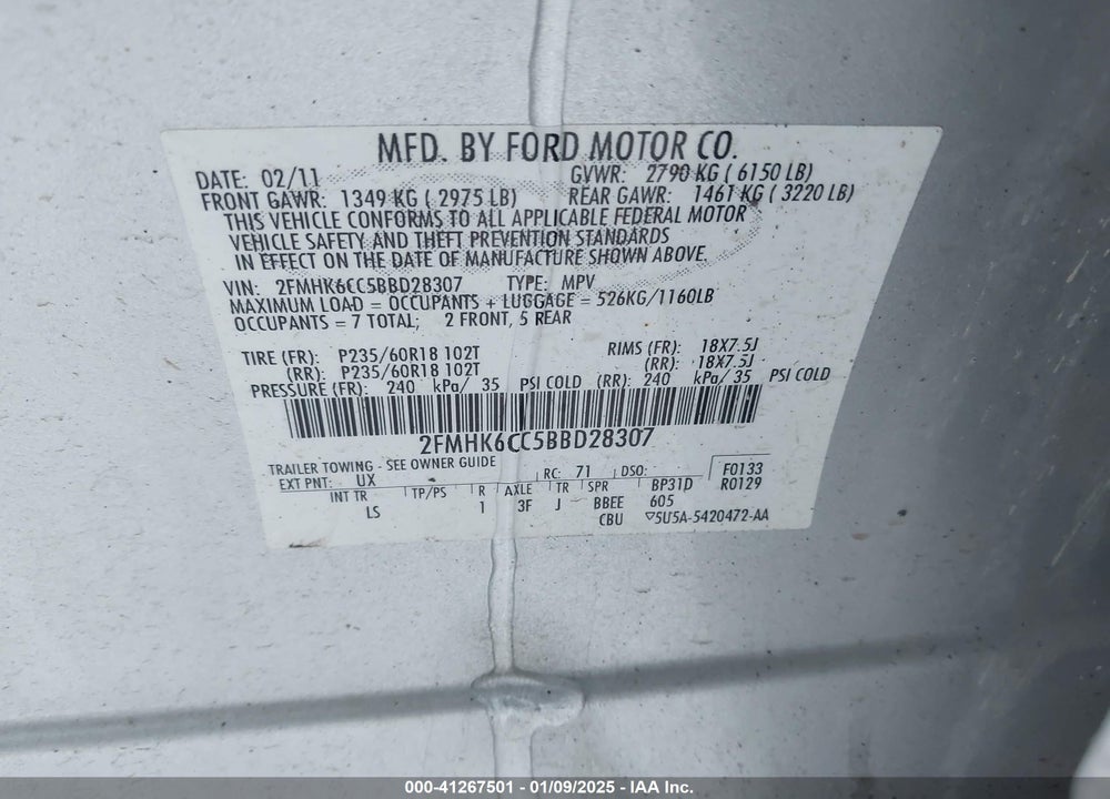 2011 FORD FLEX SEL VIN: 2FMHK6CC5BBD28307