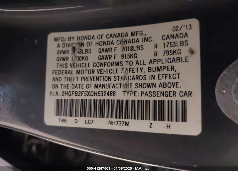 2013 HONDA CIVIC LX VIN: 2HGFB2F5XDH532488