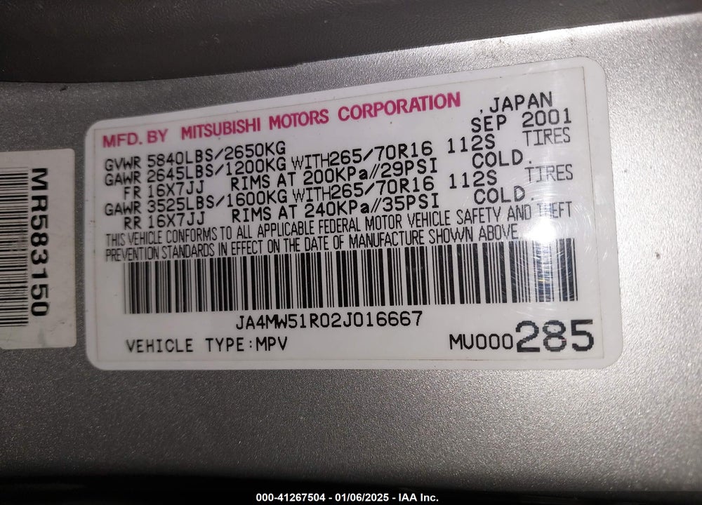 2002 MITSUBISHI MONTERO LIMITED VIN: JA4MW51R02J016667