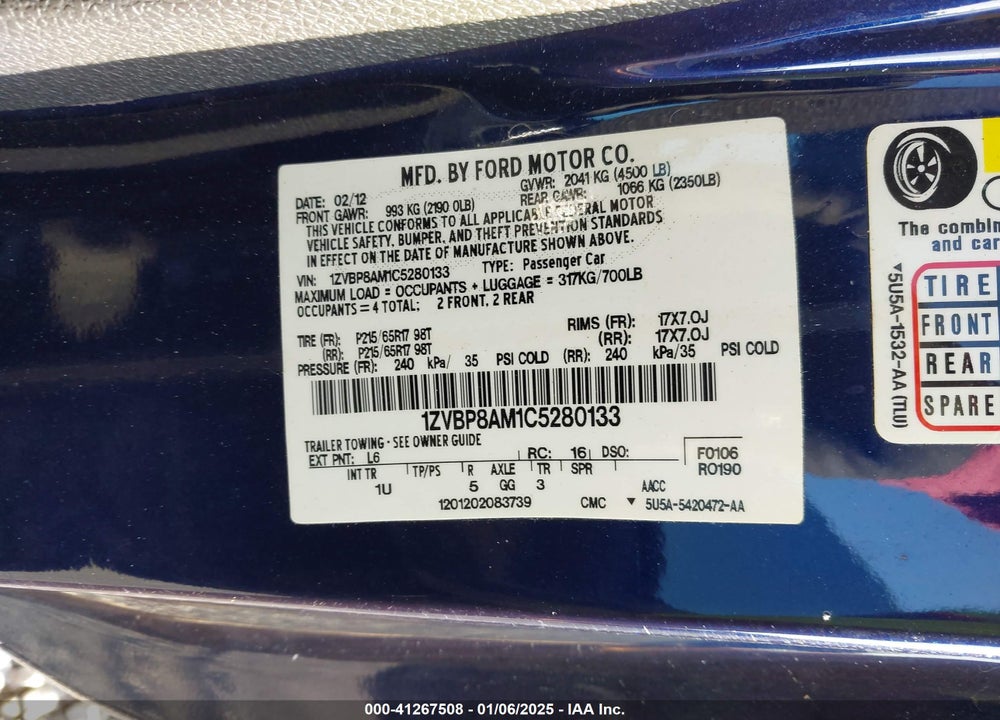 2012 FORD MUSTANG VIN: 1ZVBP8AM1C5280133