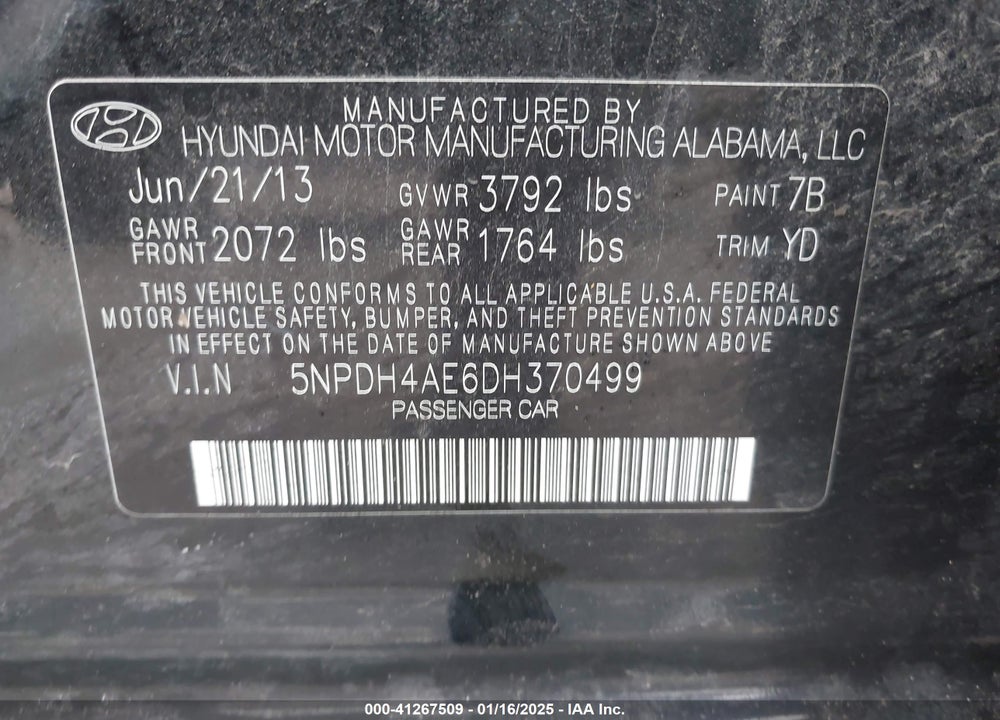 2013 HYUNDAI ELANTRA VIN: 5NPDH4AE6DH370499