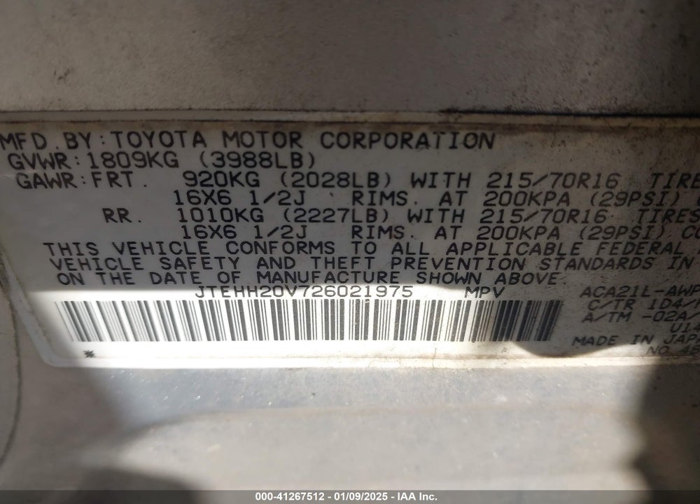 2002 TOYOTA RAV4 BASE (A4) VIN: JTEHH20V726021975