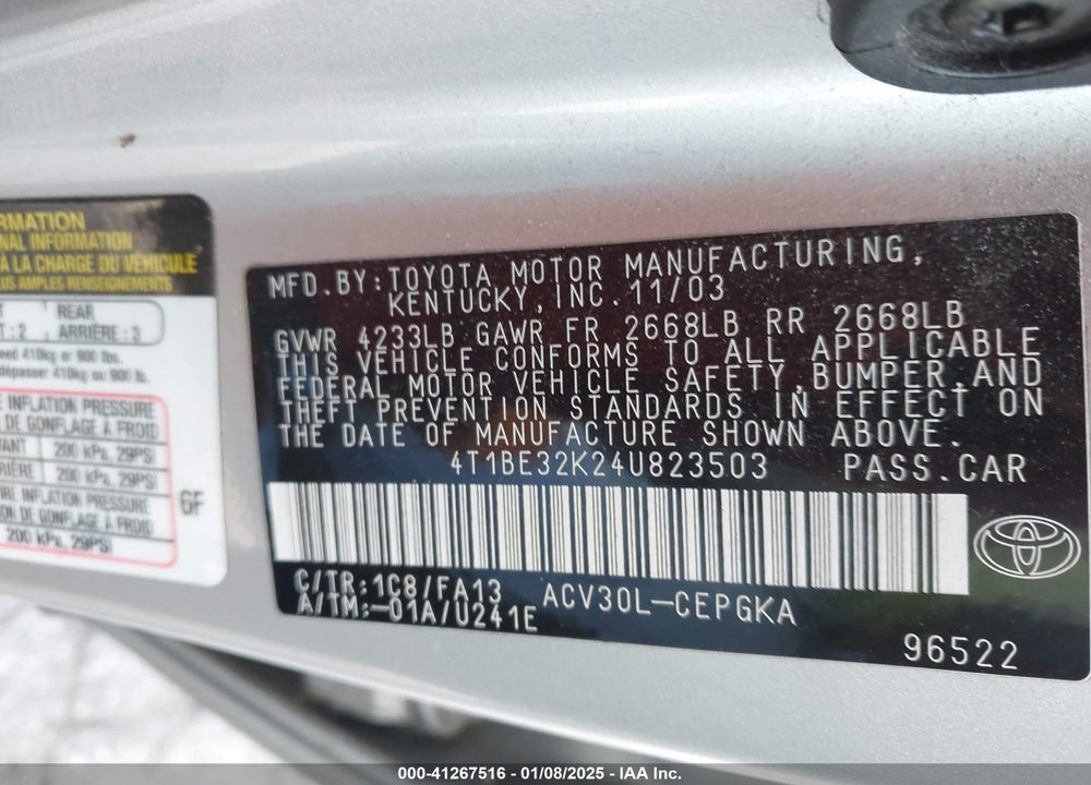 2004 TOYOTA CAMRY XLE VIN: 4T1BE32K24U823503