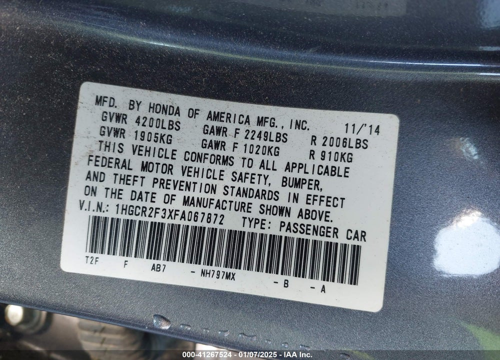 2015 HONDA ACCORD VIN: 1HGCR2F3XFA067872
