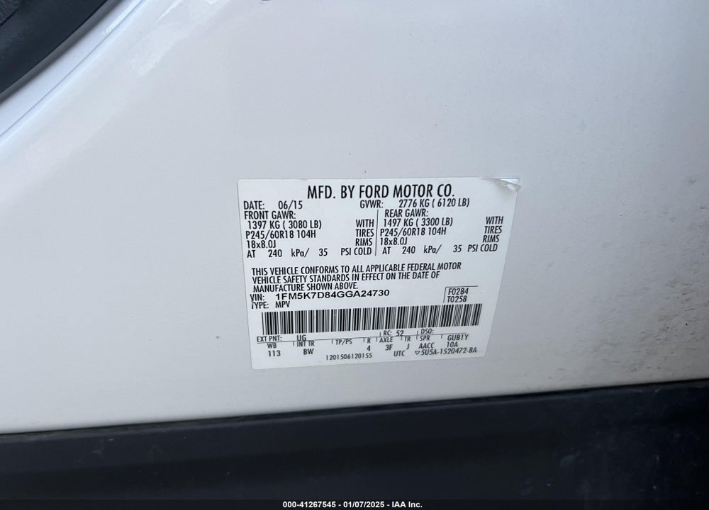 2016 FORD EXPLORER XLT VIN: 1FM5K7D84GGA24730
