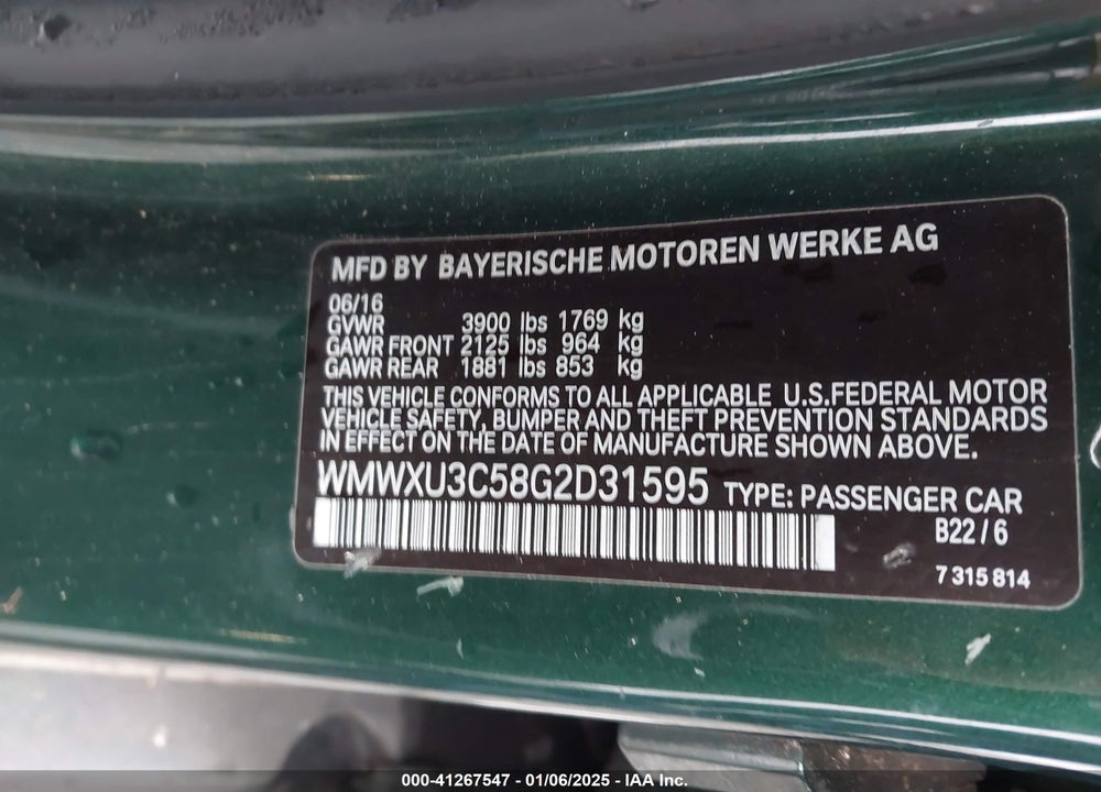2016 MINI HARDTOP VIN: WMWXU3C58G2D31595