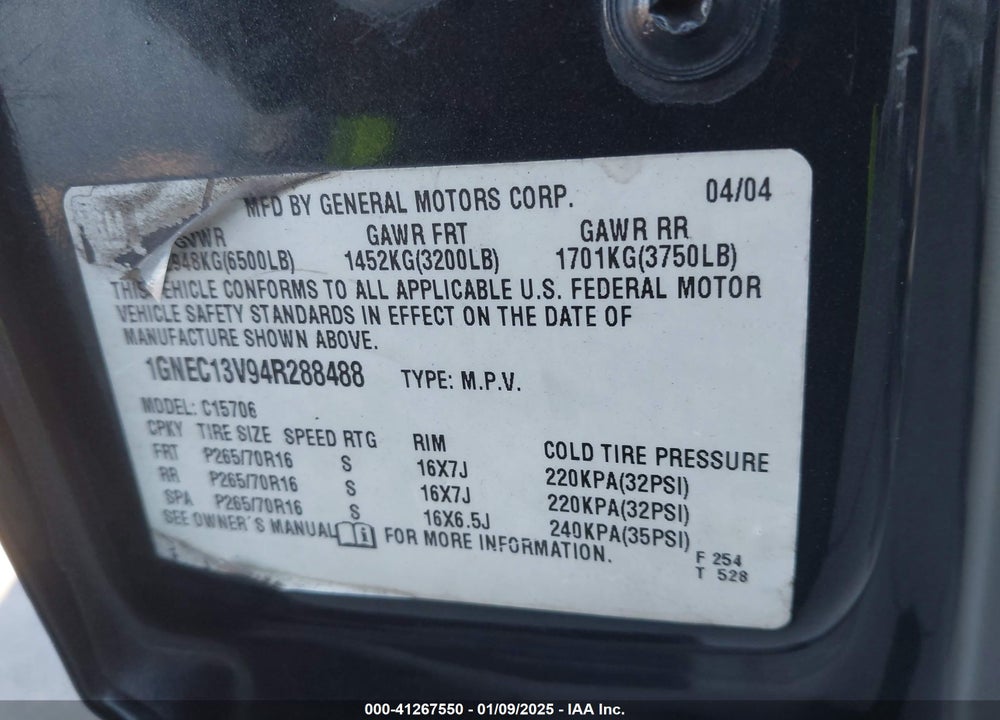 2004 CHEVROLET TAHOE LS VIN: 1GNEC13V94R288488