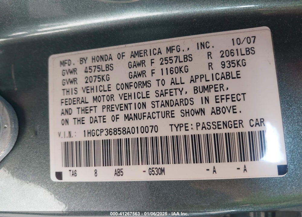 2008 HONDA ACCORD VIN: 1HGCP36858A010070